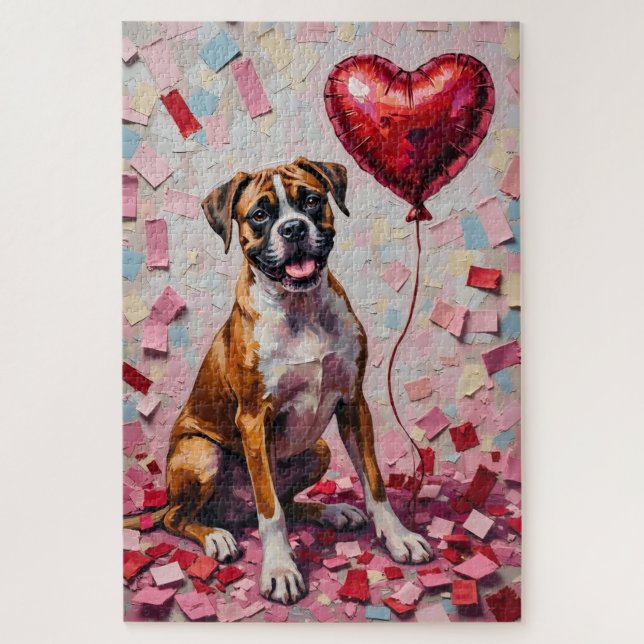 Boxer Dog Valentine's Day Heart Balloon Fun Jigsaw Puzzle (Vertical)