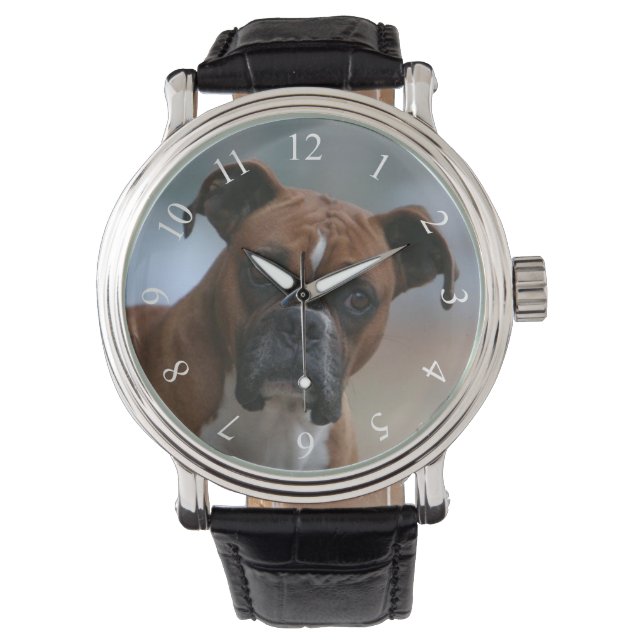 Boxer dog Vintage Leather Strap Watch (Front)