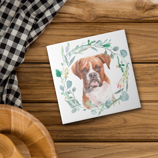 Boxer Dog Watercolor Wreath Ceramic Tile (Creator Uploaded)