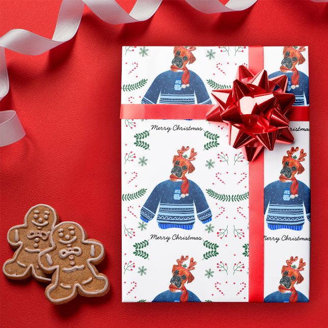 Boxer Dog Wearing Christmas Sweater Festive Wrapping Paper (Creator Uploaded)