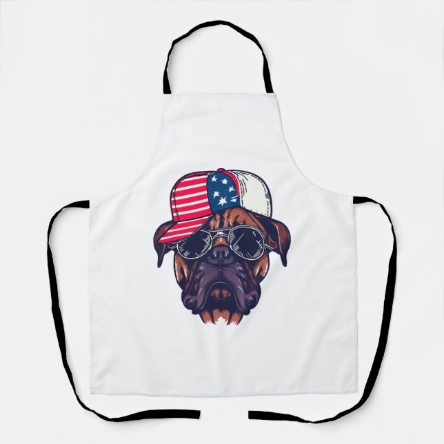 Boxer Dog Wearing White Red Blue Apron (Front)
