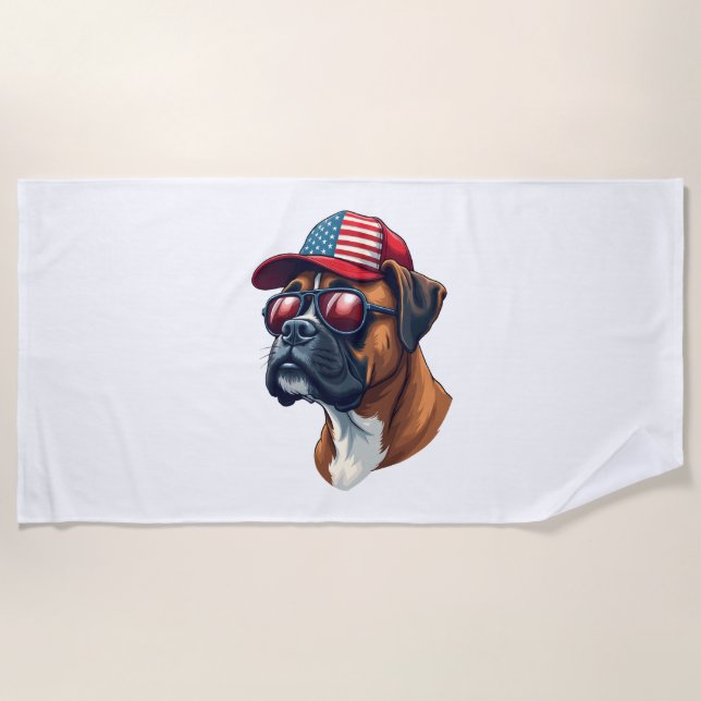 Boxer Dog Wearing White Red Blue Beach Towel (Front)