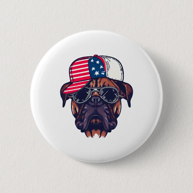Boxer Dog Wearing White Red Blue Button (Front)