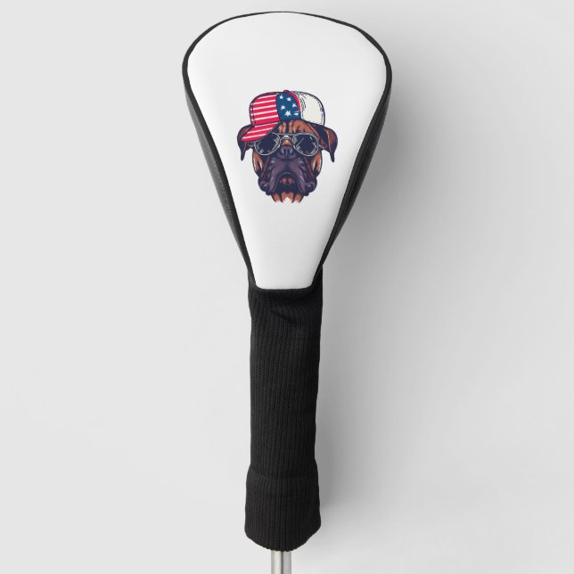 Boxer Dog Wearing White Red Blue Golf Head Cover (Front)