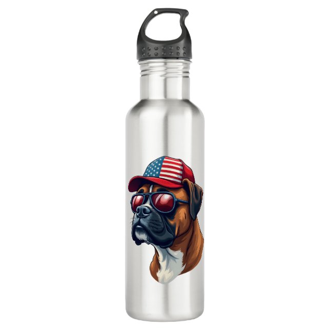 Boxer Dog Wearing White Red Blue Stainless Steel Water Bottle (Front)