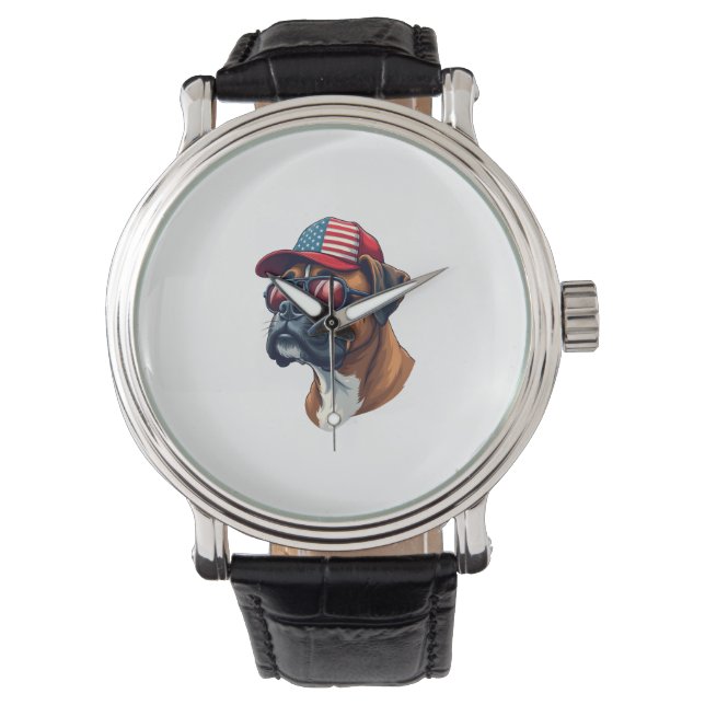 Boxer Dog Wearing White Red Blue Watch (Front)