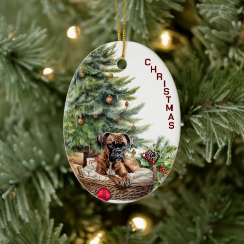 Boxer Dog Wicker Basket Christmas Ceramic Ornament