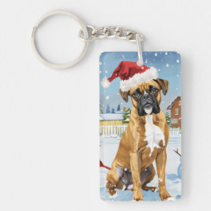 Boxer Dog Winter Wonderland Christmas Joy Keychain