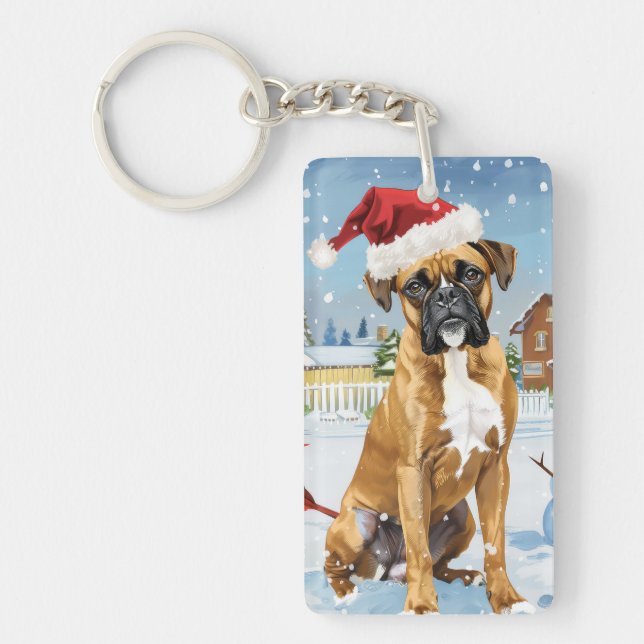 Boxer Dog Winter Wonderland Christmas Joy Keychain (Front)