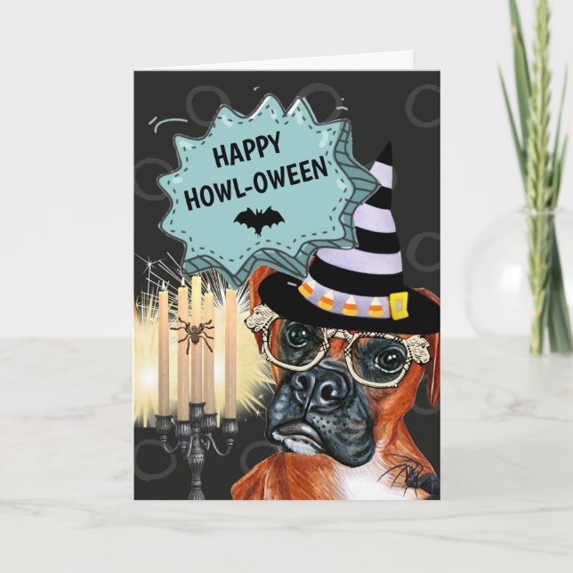 Boxer dog witch happy howloween spooky spider card (Front)