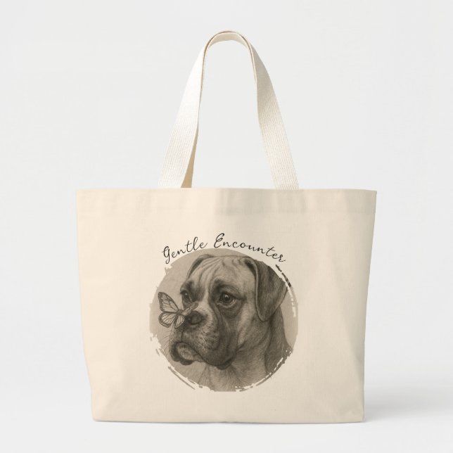 Boxer Dog with Butterfly Gentle Encounter Large Tote Bag (Front)