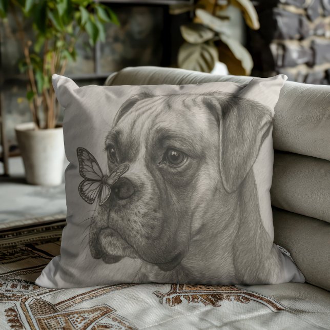 Boxer Dog with Butterfly Gentle Encounter Throw Pillow (Creator Uploaded)
