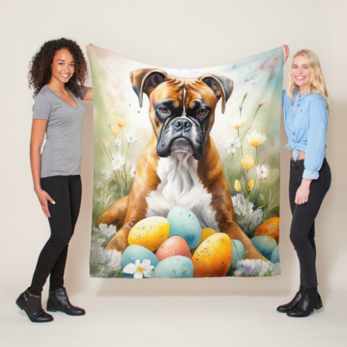 Boxer Dog with Easter Eggs Holiday Fleece Blanket
