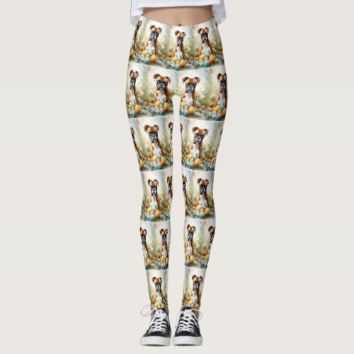 Boxer Dog with Easter Eggs Holiday Leggings