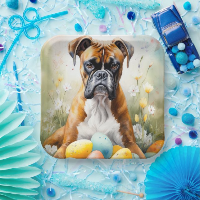 Boxer Dog with Easter Eggs Holiday Paper Plates (Party)