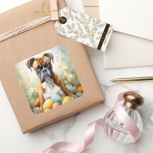 Boxer Dog with Easter Eggs Holiday Square Sticker