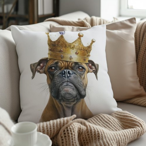Boxer Dog with Gold Crown  Throw Pillow