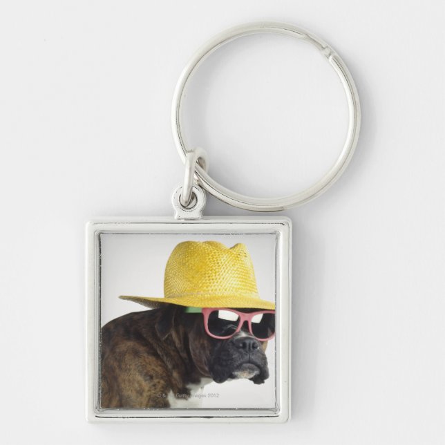 Boxer dog with hat and glasses keychain (Front)