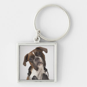 boxer dog with headphones keychain