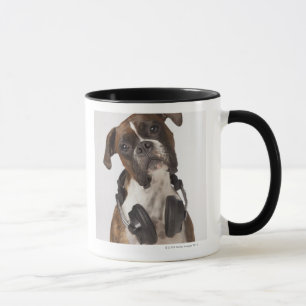 boxer dog with headphones mug