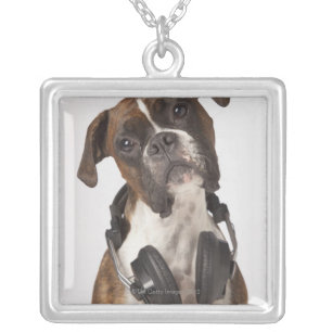 boxer dog with headphones silver plated necklace