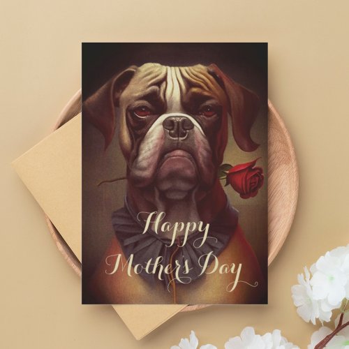 Boxer Dog with Rose Greeting Holiday Card