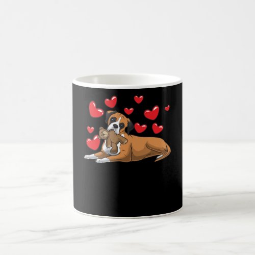Boxer dog with stuffed animal and hearts coffee mug