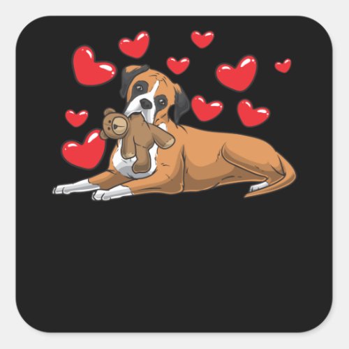 Boxer dog with stuffed animal and hearts square sticker