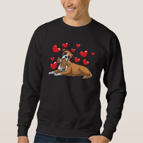 Boxer dog with stuffed animal and hearts sweatshirt