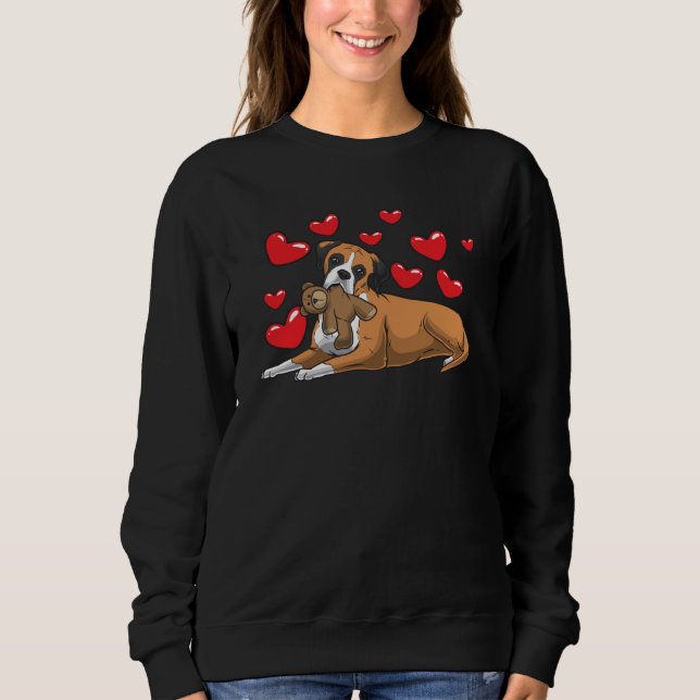 Boxer dog with stuffed animal and hearts sweatshirt (Front)
