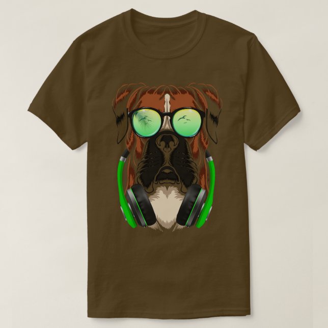 Boxer Dog With Sunglasses And Headphones T-Shirt (Design Front)