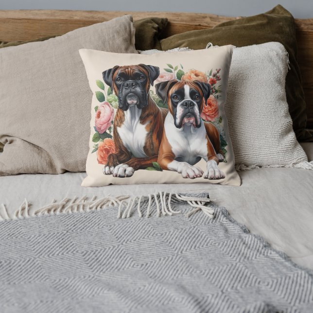 Boxer Dogs and Floral Delights Throw Pillow (Creator Uploaded)