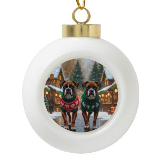 Boxer Dogs Christmas Snow Holiday  Ceramic Ball Christmas Ornament