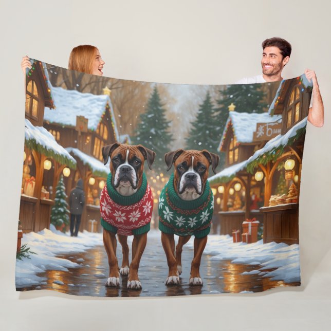 Boxer Dogs Christmas Snow Holiday  Fleece Blanket (In Situ)
