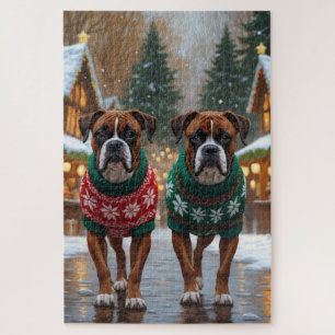 Boxer Dogs Christmas Snow Holiday Jigsaw Puzzle