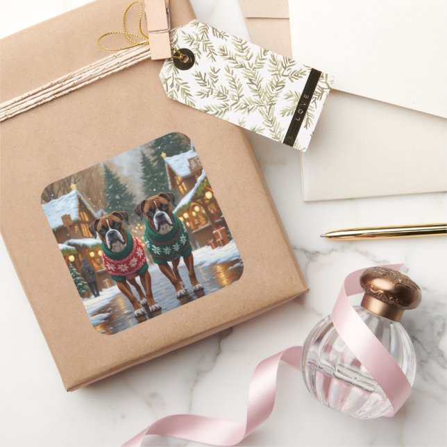 Boxer Dogs Christmas Snow Holiday  Square Sticker (Gifting)