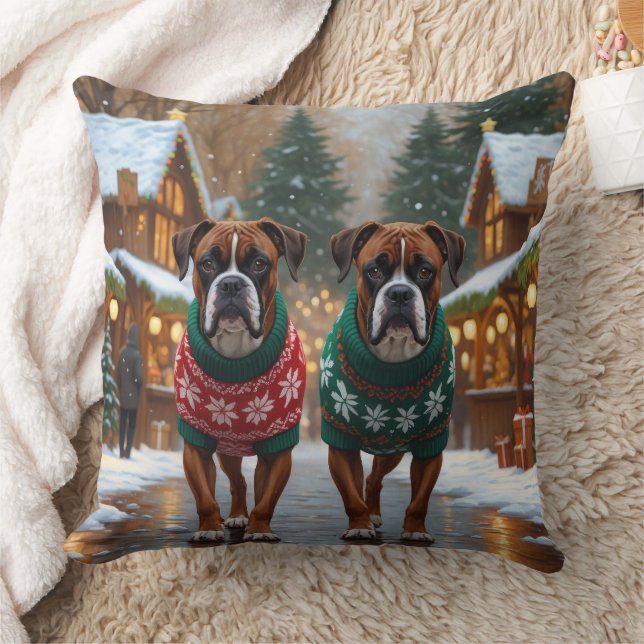 Boxer Dogs Christmas Snow Holiday  Throw Pillow (Blanket)