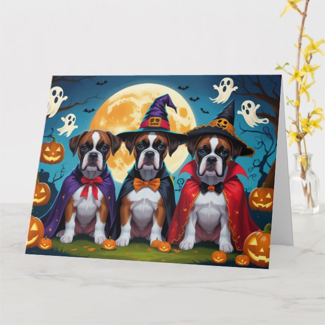 Boxer Dogs Pumpkin Halloween Funny Card (Yellow Flower)
