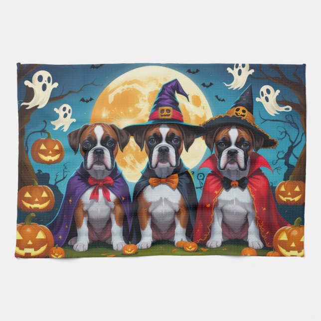 Boxer Dogs Pumpkin Halloween Funny Kitchen Towel (Horizontal)