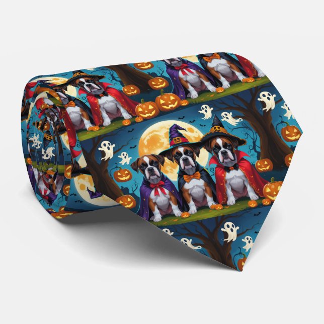 Boxer Dogs Pumpkin Halloween Funny Neck Tie (Rolled)