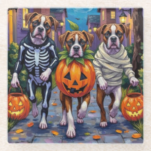 Boxer Dogs Trick-or-Treating in Halloween Costumes Glass Coaster