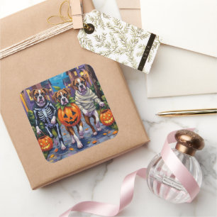 Boxer Dogs Trick-or-Treating in Halloween Costumes Square Sticker