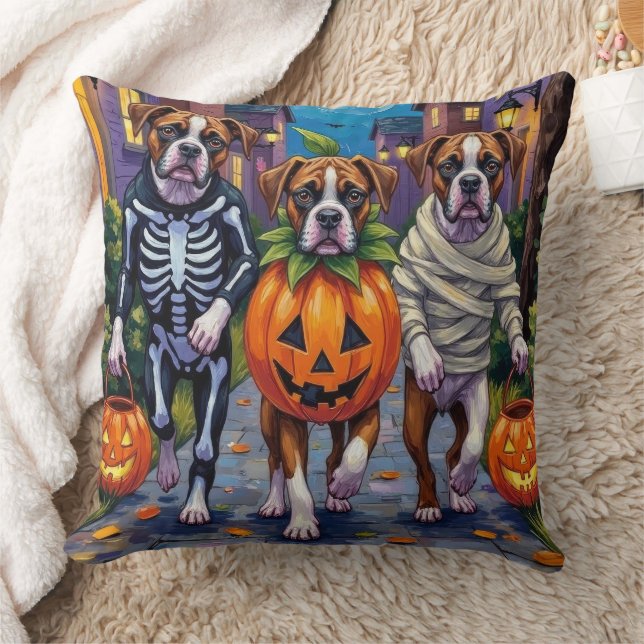 Boxer Dogs Trick-or-Treating in Halloween Costumes Throw Pillow (Blanket)