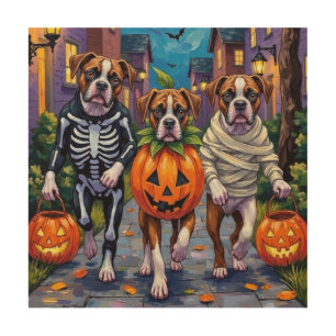Boxer Dogs Trick-or-Treating in Halloween Costumes Wood Wall Art