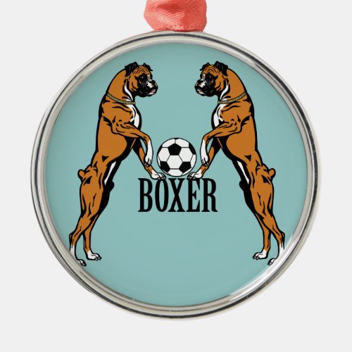 boxer dogs with soccer ball metal ornament