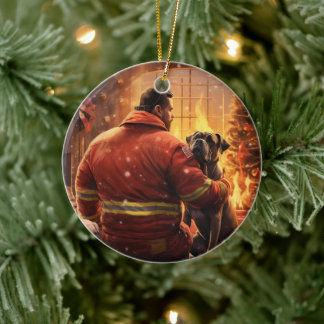 Boxer Gift, Pet Gift, Dog Fireman, Christmas Gift Ceramic Ornament