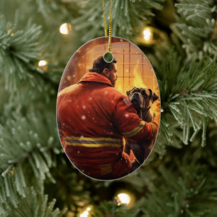 Boxer Gift, Pet Gift, Dog Fireman, Christmas Gift Ceramic Ornament