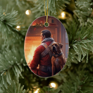 Boxer Gift, Pet Gift, Dog Fireman, Christmas Gift Ceramic Ornament