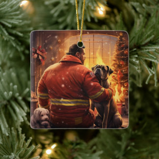 Boxer Gift, Pet Gift, Dog Fireman, Christmas Gift Ceramic Ornament
