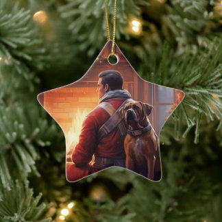Boxer Gift, Pet Gift, Dog Fireman, Christmas Gift Ceramic Ornament